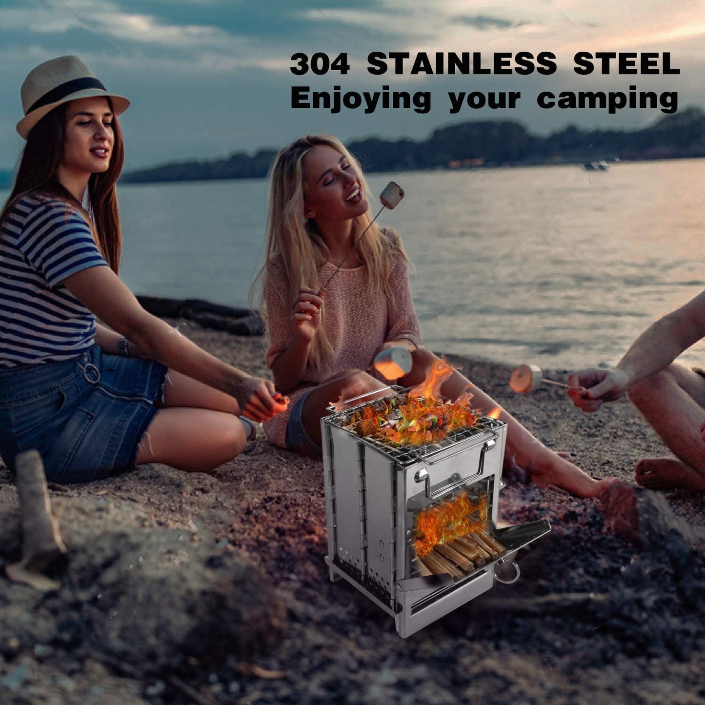 Wood Burning Camp Stove Folding Stainless Steel 304# Grill, Small Portable Backpacking Stove for Hiking Camping Picnic BBQ